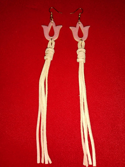 Pink Flower & Leather Earrings