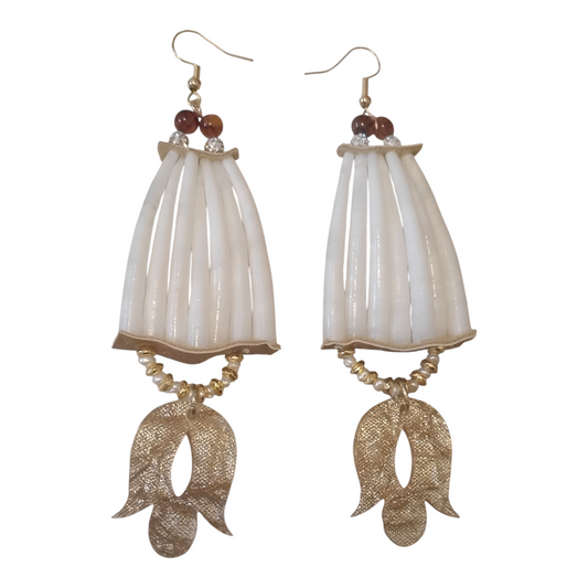 Flower amber &pearls dentalium shell earrings